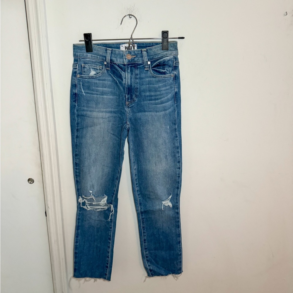 Paige Hoxton crop, mid rise skinny, medium blue wash, size 24